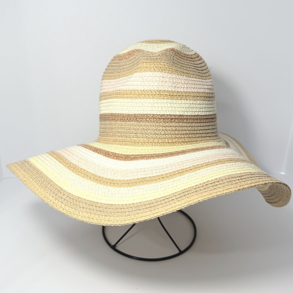 Magid Hats Womens Floppy Sun Hat Striped Paper Straw Wide Brim Tan Peach Yellow